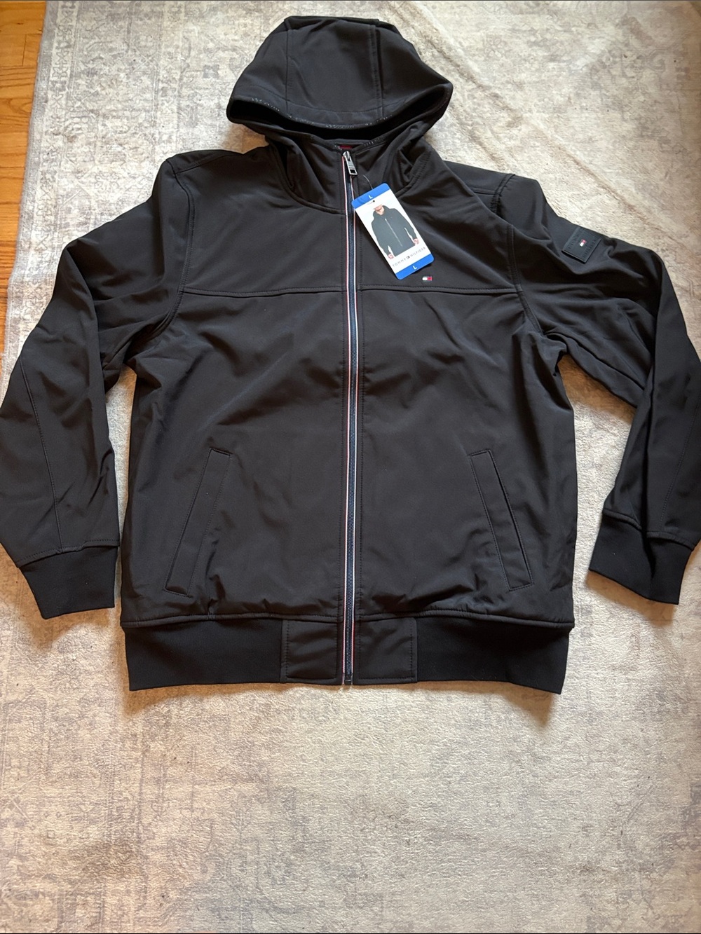 Tommy Hilfiger Black Hooded Zip-Front Jacket with Subtle Trim